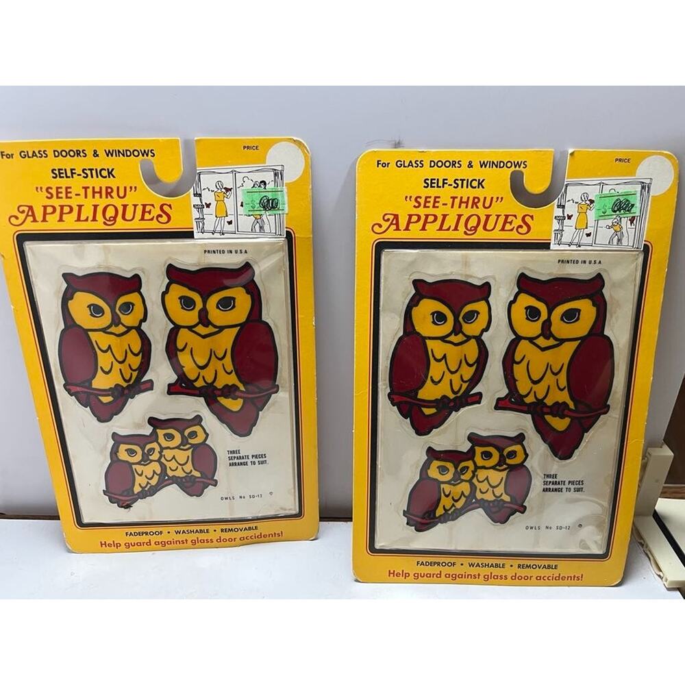 Vtg Window Door Decal Sticker Stained Glass Colors See-Thru Appliques OWLS